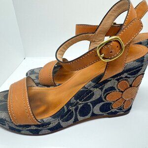 COACH Bleeker Vachetta Leather & Signature Denim Floral Applique Wedge Sandal